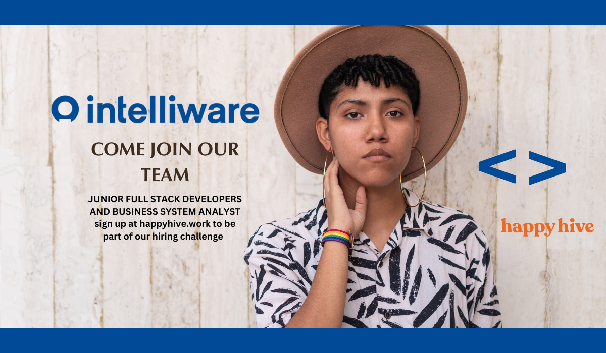 Image of a person of colour wearing a hat with text describing the new partnership between Intelliware and Happy Hive